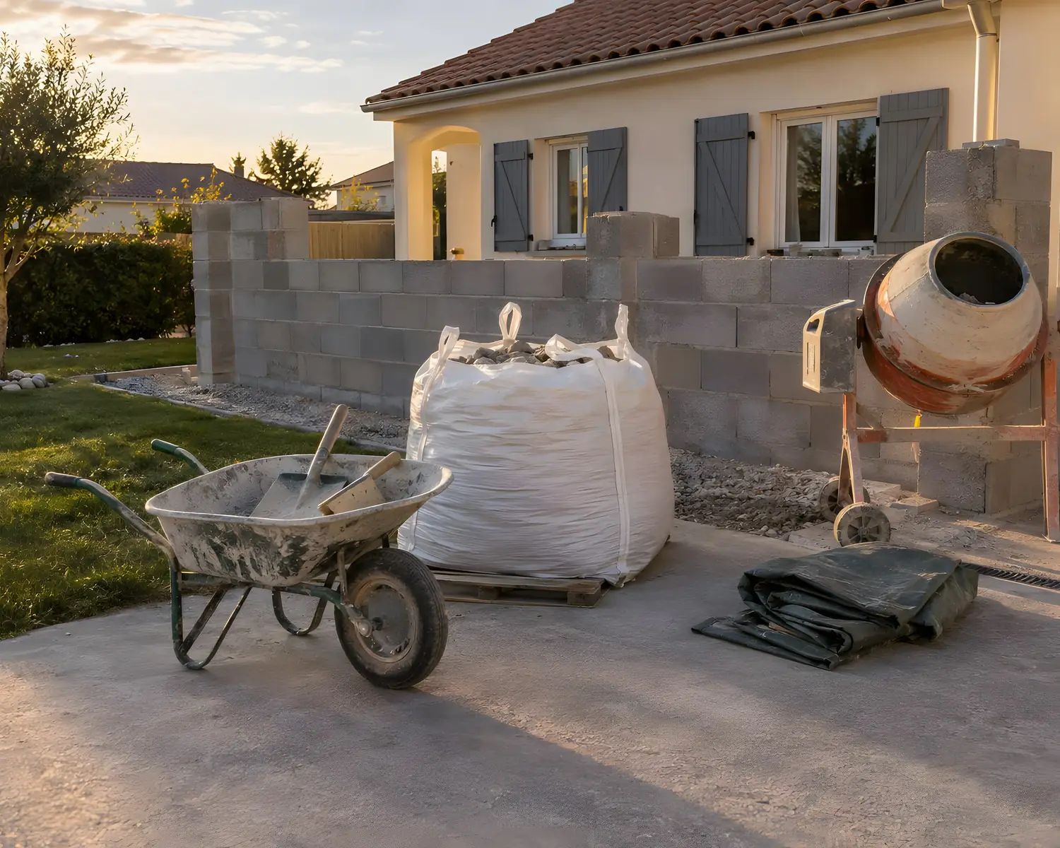 Chantier de muret rangé le soir : big bag de gravats, brouette, bétonnière et bâche pliée sur la dalle