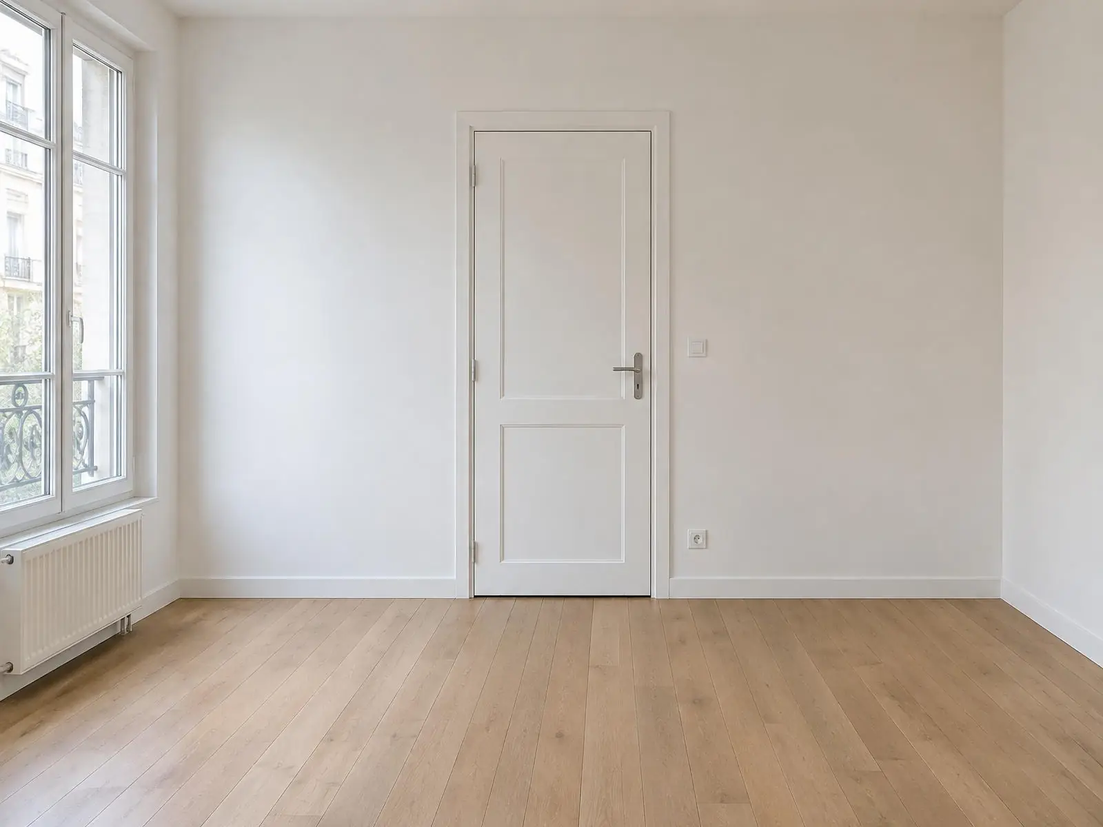 Grande chambre coupée en deux par une cloison neuve peinte en blanc, porte intérieure blanche au milieu, parquet clair