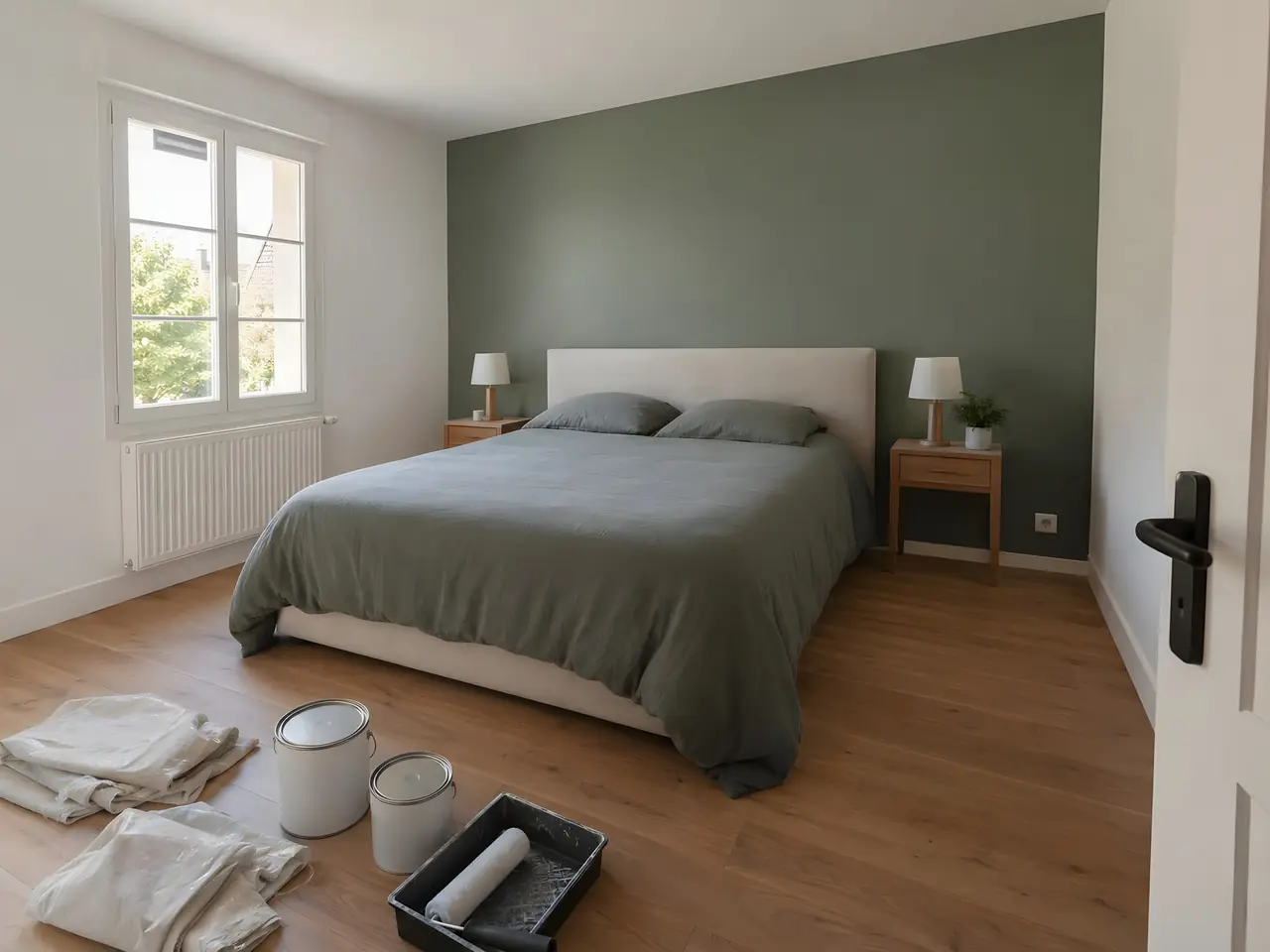 Chambre repeinte : mur vert sauge derrière le lit, murs et plafond blancs, pots de peinture, rouleau et bâches posés au sol