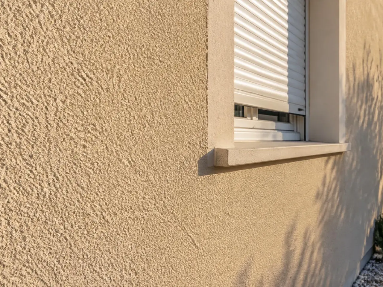 Crépi écrasé couleur sable d’une façade, au soleil, à côté d’une fenêtre à volet roulant et à l’appui clair